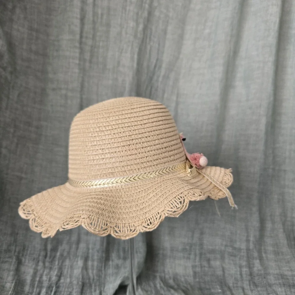 Girl's Spring Easter Straw‎ Scalloped Brim Hat Pink Swan Chin Strap